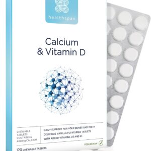 Healthspan Kalzium & Vitamin D | hochfestes reines Kalziumpräparat | Natürliche Quelle von Vitamin D3 | Zusätzliches Vitamin K für Knochengesundheit | Vanille | Vegetarisch | 240 Kautabletten