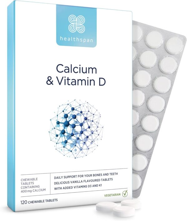 Healthspan Kalzium & Vitamin D | hochfestes reines Kalziumpräparat | Natürliche Quelle von Vitamin D3 | Zusätzliches Vitamin K für Knochengesundheit | Vanille | Vegetarisch | 240 Kautabletten