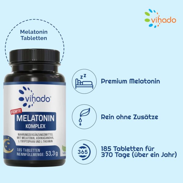 Vihado Melatonin Tabletten hochdosiert - 370 Nächte FORTE Komplex vegan - Rein ohne Zusätze - Plus L-Theanin, L-Tryptophan, Ashwagandha, 185 Tabletten,Melatonin,1 – Bild 4