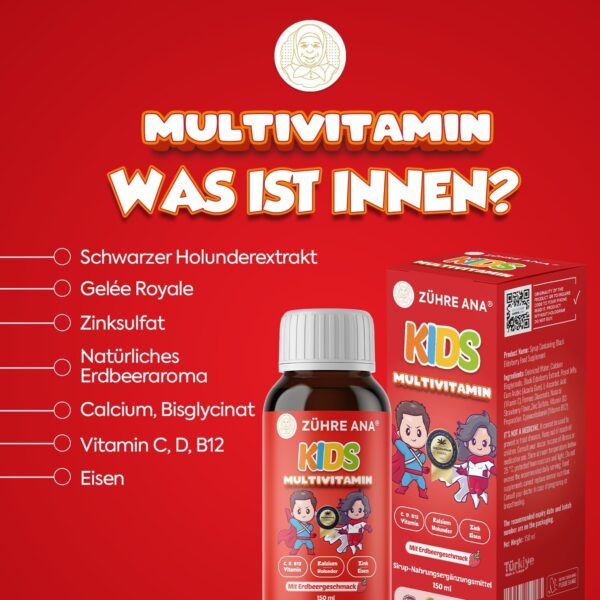Zühre Ana® KIDS Multivitamin - Unterstützung von Vitaminen und Mineralien, Multivatamin Sirup mit Erdbeer-Geschmack (150 ml) – Bild 7