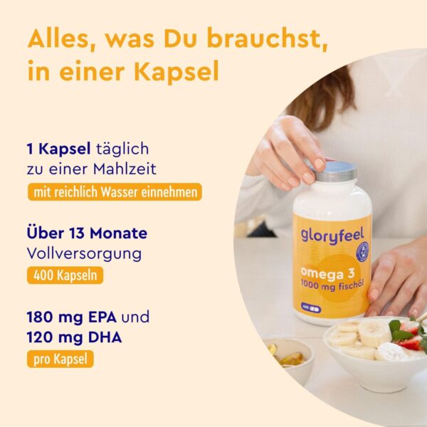 Omega 3 400 Kapseln (+1 Jahr) - 1.000 mg Fischöl pro Kapsel - Essentielle Omega 3 Fettsäuren mit EPA & DHA - Nachhaltiger Fischfang, Laborgeprüft, ohne Zusätze in Deutschland hergestellt – Bild 2