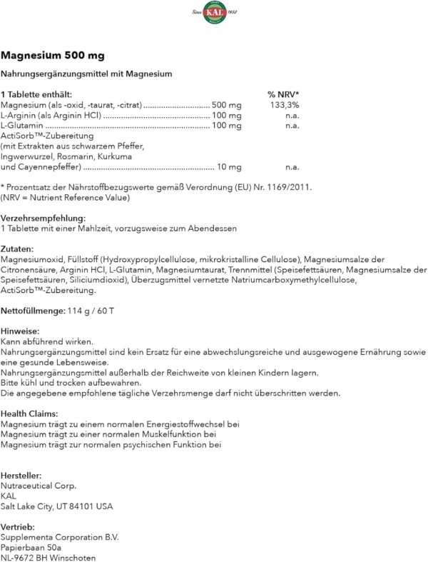 KAL Magnesium | 500 mg | 60 Tabletten | laborgeprüft | Nahrungsergänzungsmittel mit L-Arginin und L-Glutamin | Energieproduktion des Körpers | Gesunde Funktion von Nerven & Muskeln – Bild 6