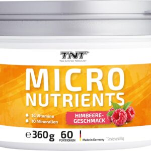 TNT Multivitamin Pulver mit 24 Vitaminen & Mineralien (360g) • Vitamin Komplex mit Grüntee Extrakt, Spirulina & Coenzym Q10 • Micronutrients (Süße Himbeere)