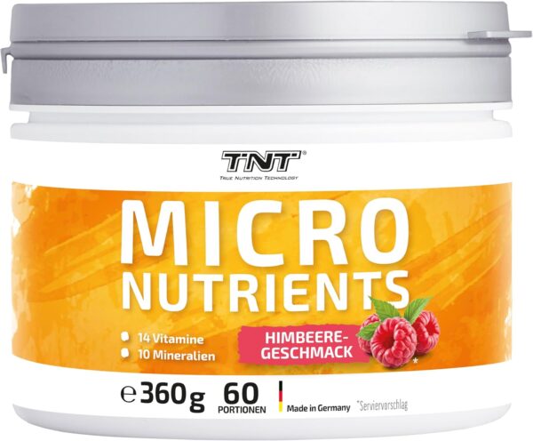 TNT Multivitamin Pulver mit 24 Vitaminen & Mineralien (360g) • Vitamin Komplex mit Grüntee Extrakt, Spirulina & Coenzym Q10 • Micronutrients (Süße Himbeere)