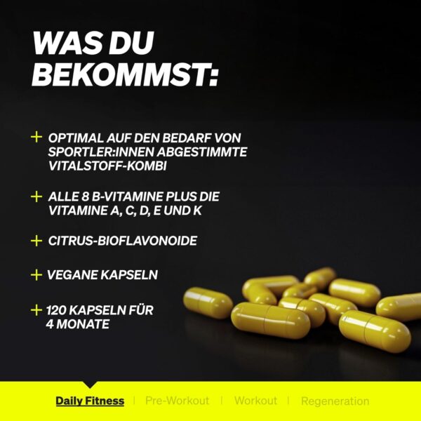 Daily Vitamins – 120 Multivitamin Kapseln – alle wertvollen Vitamine A-K – perfekt für Sportler – vegan, hochdosiert, ohne unnötige Zusätze – in Deutschland produziert & laborgeprüft – Bild 4