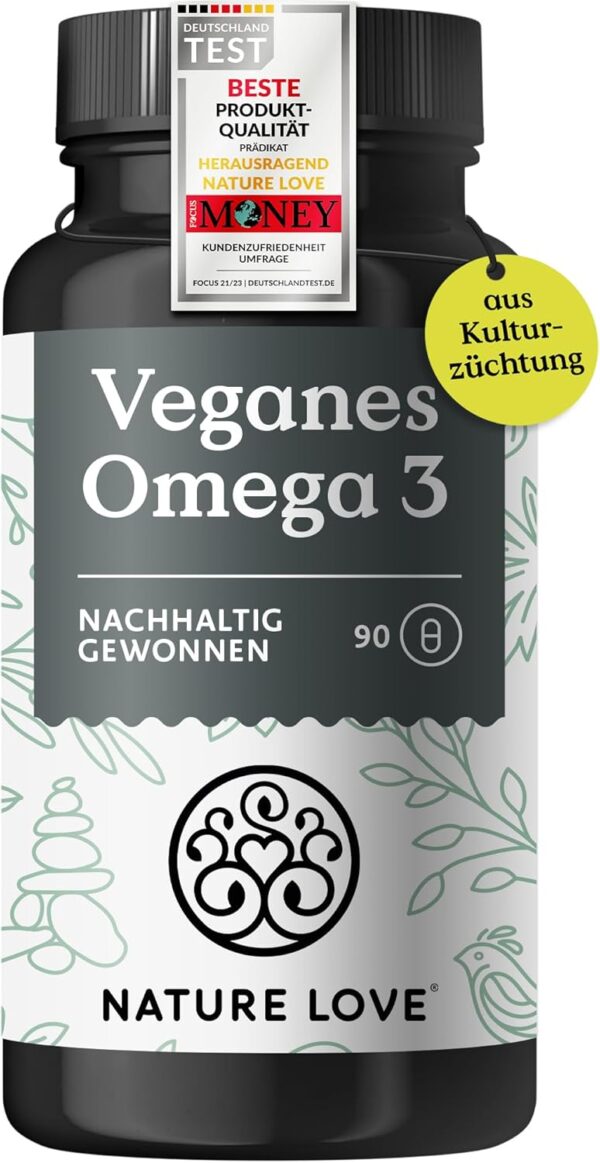 NATURE LOVE® Omega 3 vegan - hochdosiert mit 1.444 mg Algenöl pro Tagesdosis - 90 Kapseln - nachhaltig, laborgeprüft, produziert in Deutschland