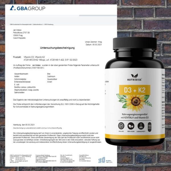 Nutridise Vitamin D3 + K2 Kapseln – 1000 IE D3 + 100 µg K2VITAL MK7 99,99% Trans-Form – optimales D3 / K2 Verhältnis - hochdosiert, laborgeprüft - 180 Kapseln – Bild 6