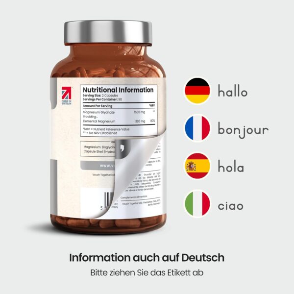 Magnesium Glycinat Hochdosiert 180 Kapseln | 1500mg Pure Magnesium Bisglycinat Pulver - 300mg Elementares Mg | Magnesiumglycinat Ohne Zusatzstoffe | VitaBright Bio Magnesiumbisglycinat – Bild 6