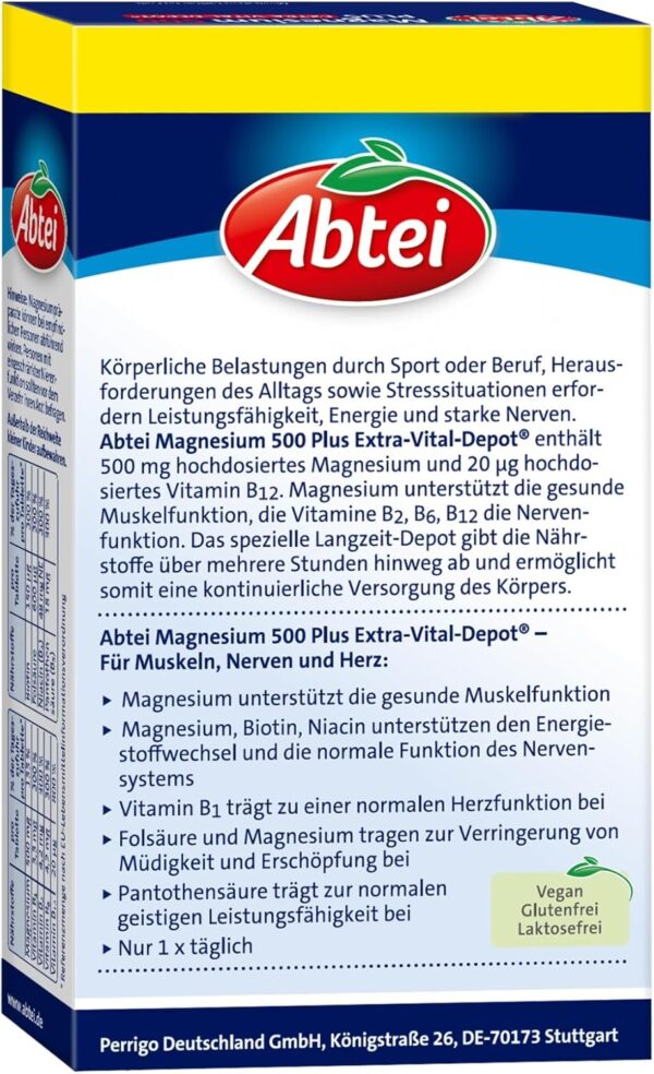 Abtei Magnesium 500 Plus Extra-Vital-Depot – Zur Unterstützung von Muskeln, Nerven, Herz – Mit 500mg Magnesium – Glutenfrei, Laktosefrei, Vegan – Vorratspackung – 126 Tabletten für 4 Monate – Bild 5
