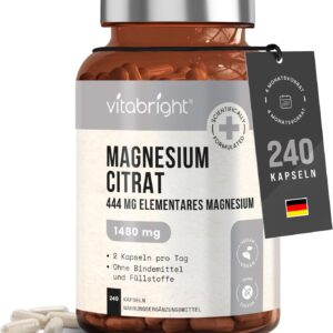 Magnesiumcitrat Kapseln 240, 1480mg Magnesium Komplex Pulver Hochdosiert (444mg Elementares Mg) Vegan, Ohne Zusatzstoffe, Magnesium Citrate Pulver Labor/Sport, Mg Citrat VitaBright