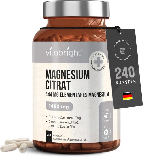Magnesiumcitrat Kapseln 240, 1480mg Magnesium Komplex Pulver Hochdosiert (444mg Elementares Mg) Vegan, Ohne Zusatzstoffe, Magnesium Citrate Pulver Labor/Sport, Mg Citrat VitaBright