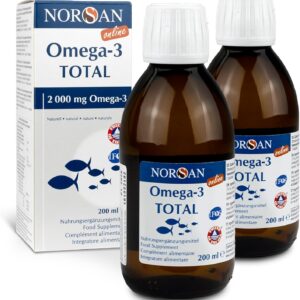 NORSAN Premium Omega 3 Fischöl Total Naturell hochdosiert 2er Pack (2x 200 ml) / 2.000mg Omega 3 pro Portion/Omega 3 Öl 1120mg EPA & 536mg DHA/Omega 3 Premium Öl mit 800 IE Vitamin D3