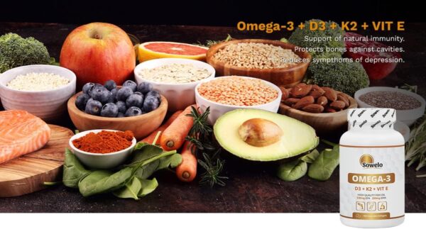 Sowelo Omega-3 - 1000mg I mit Vitamin D3 K2 E I Essentielle Omega 3 Fettsäuren Hochdosiert I Unterstützt die Natürliche Immunität I Einfluss auf die Senkungm LDL-Cholesterins I 100 Softgels – Bild 4