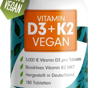Vitamin D3 K2 VEGAN - 180 Tabletten mit 5000 IE D3 + 200 mcg K2 (MK7) - Vitamin D3 hochdosiert und vegan + Vitamin K2 in bioaktiver MK7-Form - laborgeprüft mit Zertifikat - Vorratspack: 180 Tabletten