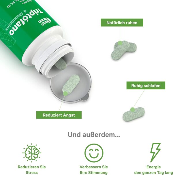Natürliches L-Tryptophan Tabletten Hochdosiert 570mg - Schalfhilfe mit Tryptophan, Melatonin & Spirulina - Natürliche Formel für Besseren Schlaf, Weniger Angstzustände, Mehr Energie & Konzentration – Bild 4