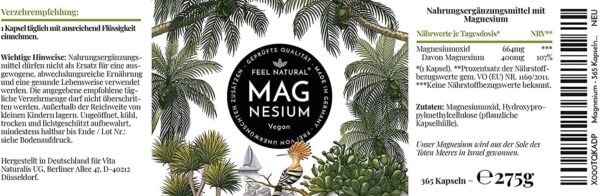 Magnesium hochdosiert Kapseln - 365 Stück (Jahresvorrat) - 664mg je Kapsel, davon 400mg elementares Magnesium - höherer Gehalt als andere Magnesiums - Laborgeprüft & Vegan – Bild 4