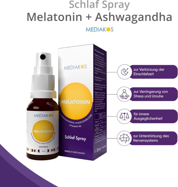 Mediakos® Melatonin Einschlafspray mit Ashwagandha (20ml) - Hochdosiertes Melatonin Spray mit Passionsblume & Vitamin B6 - Schlafspray für direkte & kontaktlose Anwendung - Pfirsich-Geschmack – Bild 3