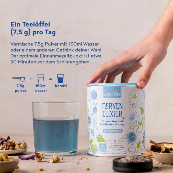 Nerven-Elixier - Melatonin, Magnesium, B-Vitamine & Aminosäuren für natürliches Stressmanagement & Entspannung am Abend - Pflanzliche Mischung mit Blaubeer-Geschmack - 400g Pulver von Alpha Foods – Bild 5