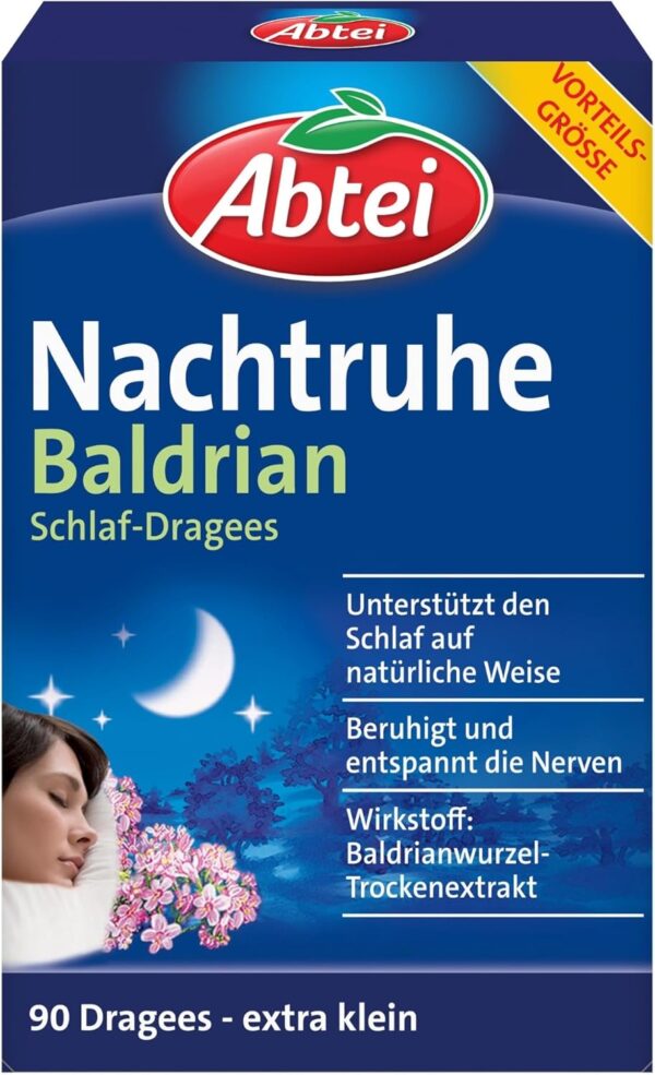 Abtei Nachtruhe Baldrian Schlaf-Dragees N - pflanzliches Arzneimittel für erholsamen und gesunden Schlaf sowie bei nervlicher Belastung - ohne Gewöhnungseffekt - 1 x 90 Dragees