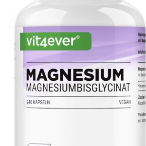 Magnesiumbisglycinat - 240 Kapseln - Premium: Chelatiertes Magnesium - 155 mg elementares Magnesium pro Kapsel - Laborgeprüft - Vegan - Hochdosiert