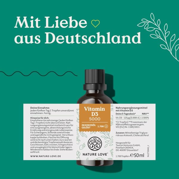 NATURE LOVE® Vitamin D3 5000 (50ml flüssig) - Laborgeprüfte 5000 I.E. pro Tropfen - in MCT-Öl aus Kokos - Vitamin D hochdosiert - hoch bioverfügbar, sehr hohe Stabilität - in Deutschland produziert – Bild 6