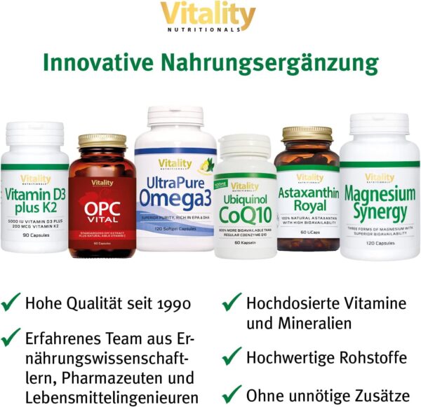 Fischöl Omega 3 Kapseln Hochdosiert mit 2000 mg Fischöl davon 800 mg EPA und 600 mg DHA pro Tag + Vitamin E (120 Stk) Ultra Pure Omega 3 Vitality Nutritionals by Vitaminexpress – Bild 8