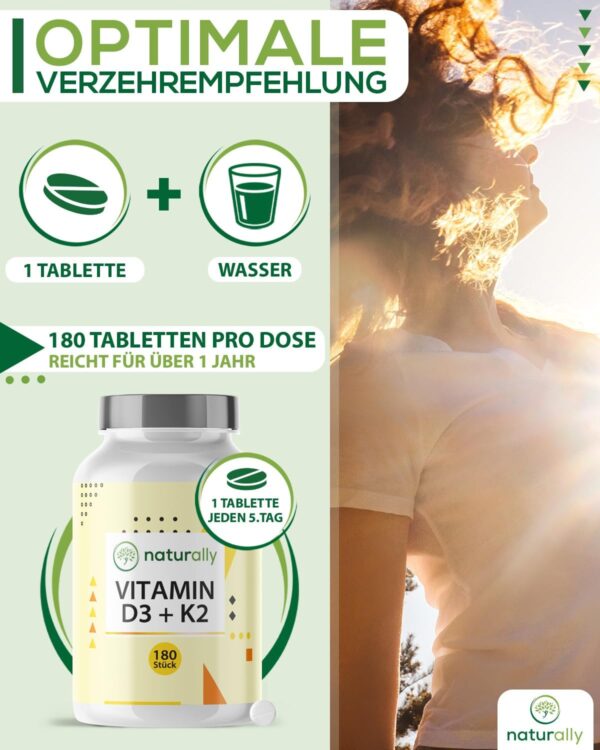 naturally Vitamin D3 K2 Tabletten [180 Stück] – hochdosiert, 5000 I.E. Vitamin D pro Tablette, vegan, ohne Zusätze, – Bild 6