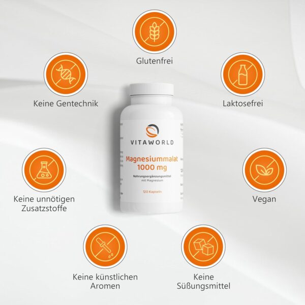 Magnesium Malat - Magnesium Malate Kapseln hochdosiert 1000mg pro Tag (120 vegane Kapseln) - hohe Bioverfügbarkeit - laborgeprüft, ohne Zusätze und Gentechnik - laktose- und glutenfrei - vitaworld – Bild 4