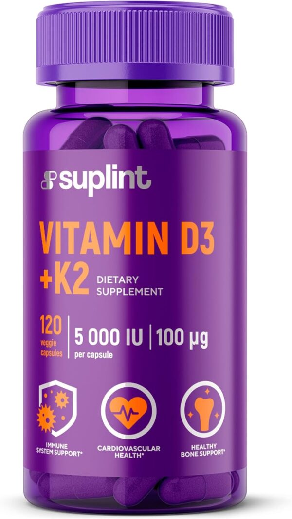Vitamin D3 + K2 5000 IU | 2 In 1 | Für Knochen, Herz Und Gesundheit | Täglicher Unterstützungskomplex Für Frauen Und Männer | Nicht-GMO, Glutenfrei, Vegan | 120 Kapseln