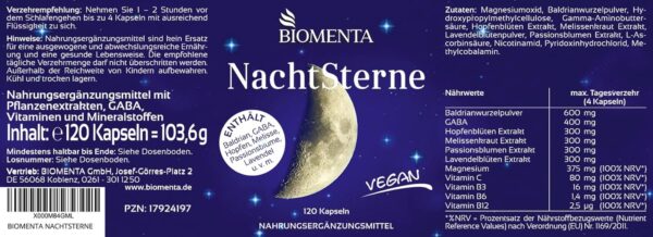 BIOMENTA Nachtsterne – 120 Baldrian Kapseln hochdosiert - Wirkstoffkomplex mit Hopfen, GABA, Melisse, Passionsblume, Lavendel, Magnesium, Vitamin C, B-Vitaminen - vegan - Premiumqualität – Bild 2