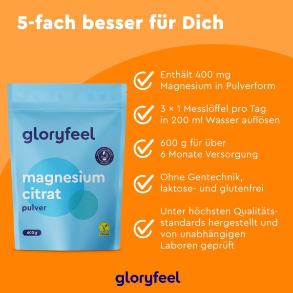 Magnesiumcitrat Pulver - 600 g für über 6 Monate Vorrat - Ideal für Sportler - Für Muskeln, Nerven & Elektrolyt-Haushalt* - Gut dosierbar und leicht löslich - 100% vegan – Bild 2