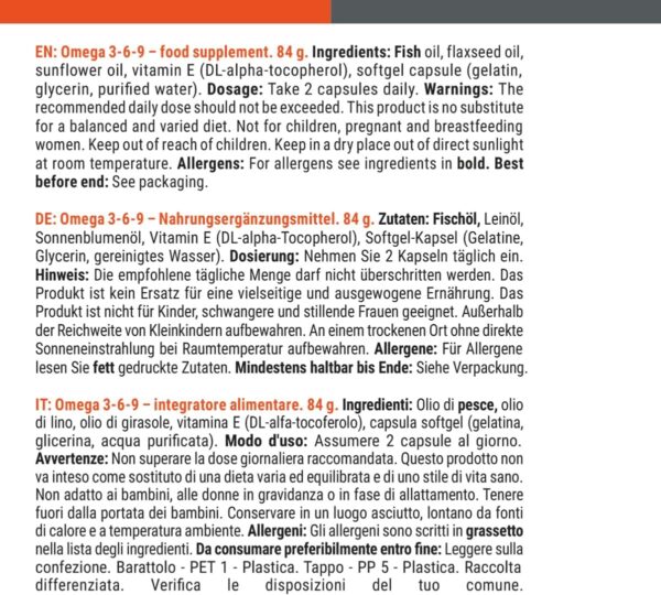 GymBeam Omega 3 6 9 mit Vitamin E angereichert, pro Tagesdosis Fischöl 800 mg, erhält Fisch-, Leinsamen- und Sonnenblumenöl, Leinöl-Kapseln, komplexe Quelle von Omega-3, Omega 6 und Omega 9 (60 caps) – Bild 4