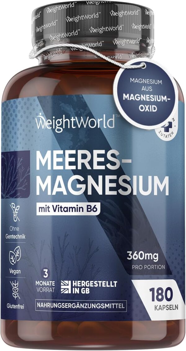 Magnesium als Magnesiumoxid - 180 Meeres-Magnesium Oxid Kapseln mit Vitamin B6-3 Monate Vorrat - Für Muskeln, Knochen, Stoffwechsel, Zellteilung - 360mg pro Kapsel - Alternative zu Magnesiumcitrat