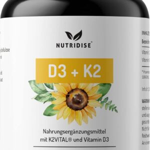 Nutridise Vitamin D3 + K2 Kapseln – 1000 IE D3 + 100 µg K2VITAL MK7 99,99% Trans-Form – optimales D3 / K2 Verhältnis - hochdosiert, laborgeprüft - 180 Kapseln