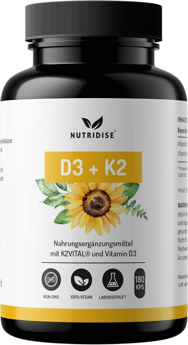 Nutridise Vitamin D3 + K2 Kapseln – 1000 IE D3 + 100 µg K2VITAL MK7 99,99% Trans-Form – optimales D3 / K2 Verhältnis - hochdosiert, laborgeprüft - 180 Kapseln