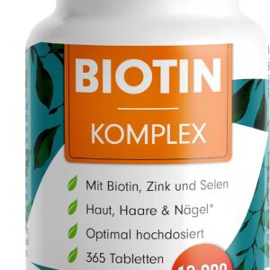 Biotin hochdosiert 10.000 mcg - 365 Biotin Tabletten mit Zink & Selen - Hochwertiger Komplex für Haarwuchs, Haut & Nägel - laborgeprüft mit Zertifikat - 100% vegan - Vorratspack für 1 Jahr