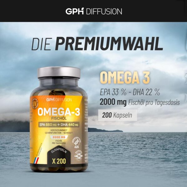 Omega 3 - Fischöl - 2000mg pro Tagesdosis - EPA : 660 mg/DHA : 440 mg - Herz-kreislauf system, Vision, Gehirnfunktion - 200 kapseln – Bild 3