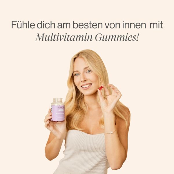 Multivitamin Gummies - Gummibärchen mit Biotin, Folsäure, Vitamin C, Vitamin E und 6 weitere Mikronährstoffe enthalten - 120 Gummies mit natürlichem Erdbeergeschmack - TummyTox – Bild 5