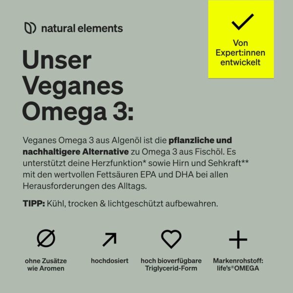 Omega 3 vegan aus Algenöl - 90 Kapseln - Hochdosiert mit hochwertigem EPA und DHA (in Triglycerid-Form) - Omega-3 für Veganer, Laborgeprüft, nachhaltig und von Natur aus schadstoffarm – Bild 3
