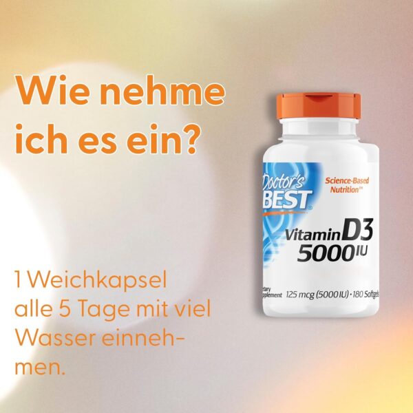 Doctor's Best, Vitamin D3, 5.000IU, Hochdosiert, Depot Wochendosis, 180 Weichkapseln, Laborgeprüft, Sojafrei, Glutenfrei, Ohne Gentechnik – Bild 7