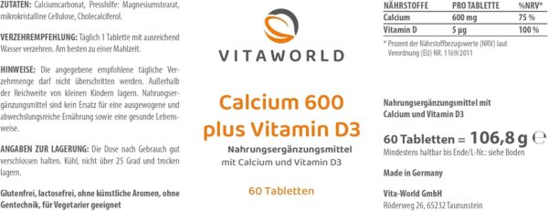 Vita World Calcium 600mg + Vitamin D 60 Tabletten Vegetarisch Made in Germany – Bild 3