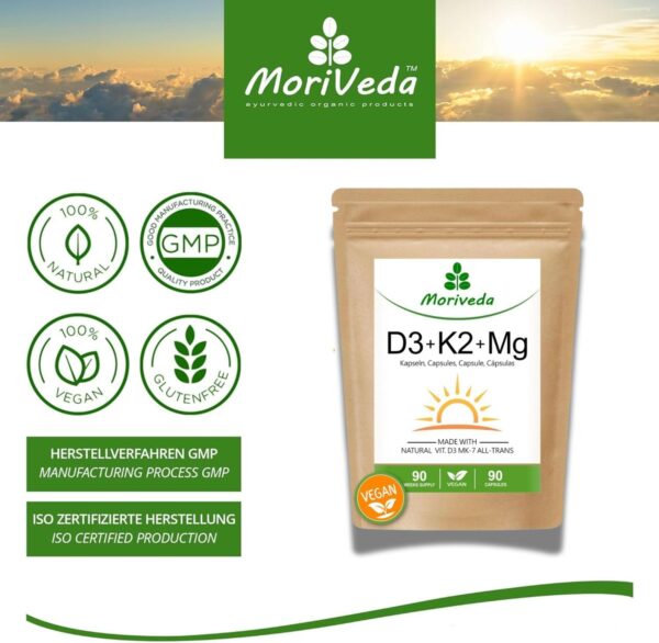 Vegane Vitamin D3 + K2 + Magnesium Kapseln - bis 90 Wochen Depot - 7000 I.E D3 + 200 mcg K2 MK7-90 Kapseln von MoriVeda – Bild 4