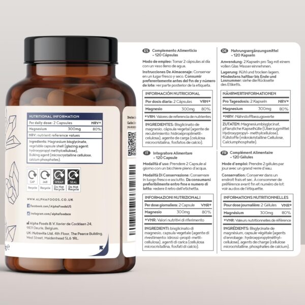 Magnesiumbisglycinat | 120 Kapseln | 1500 mg Magnesium Glycinat pro Tagesdosis, davon 300 mg Elementares Magnesium | Vegan | Hochdosiert | Alpha Foods – Bild 4