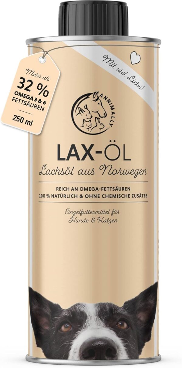 Annimally Lachsöl für Hunde 250 ml reich an Omega 3 & 6 Fettsäuren (mehr als 32%) - Barf Fischöl für Hund und Katze geeignet I Reines Naturprodukt kaltgepresst aus Deutschland