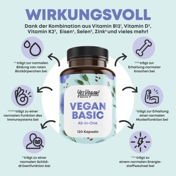 Vegan Complex - Vitamin B12 K2 D3 Eisen Zink Selen und Omega 3-120 Kapseln - speziell für Vegetarier und Veganer - Geschenke - Supplements (1 Stück) – Bild 4