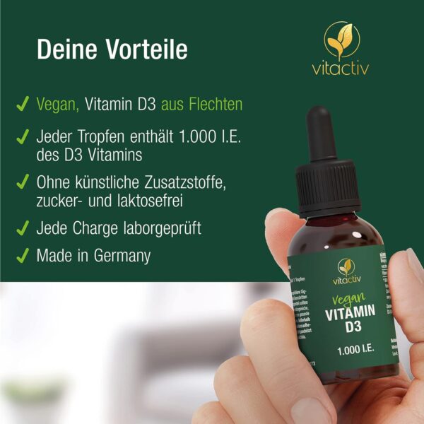 VITACTIV Vitamin D3 Tropfen - Für Knochen, Muskeln & Immunsystem - 1000 IE Vitamin D pro Tropfen, Hochdosiert, Hoch Bioverfügbar - Aus Deutschland, Laborgeprüft, Vegan - 50ml, 1700 Tropfen – Bild 4