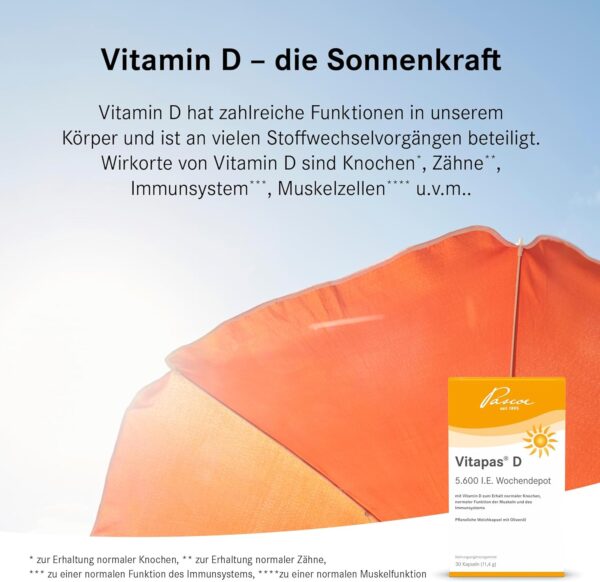 Vitapas D: 5.600 I.E. Vitamin D3 als Wochendepot – 30 pflanzliche Weichkapseln für Immunsystem, Muskeln & Knochen, vegetarisch, 30 Kapseln – Bild 5