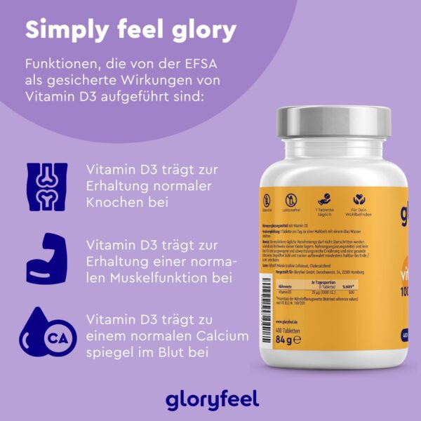 Vitamin D Sonnenvitamin - 400 Tabletten (13 Monate) - Laborgeprüfte 1000 IE Vitamin D3 pro Tablette - Unterstützt Knochen, Zähne, Muskeln und Immunsystem* - Ohne Zusätze – Bild 6
