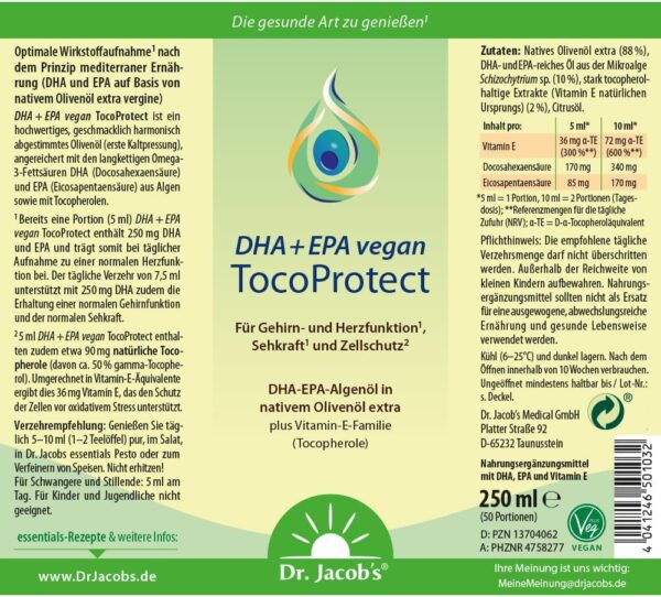 Dr. Jacob's DHA + EPA vegan TocoProtect I 250 ml Flasche I hochkonzentriert in Omega-3-Fettsäuren DHA und EPA I Olivenöl mit der pflanzlichen Vitamin-E-Familie – alle vier Tocopherole I 50 Portionen – Bild 5