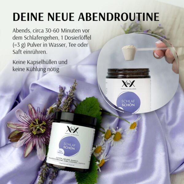 XbyX Schlaf Schön ohne Melatonin 120 g | 40 Portionen | Gut einschlafen und erholt aufwachen | Bioaktive Pflanzenextrakte zur Schlafförderung in Pulverform | Plus Magnesium und B6 | Aus Deutschland – Bild 5
